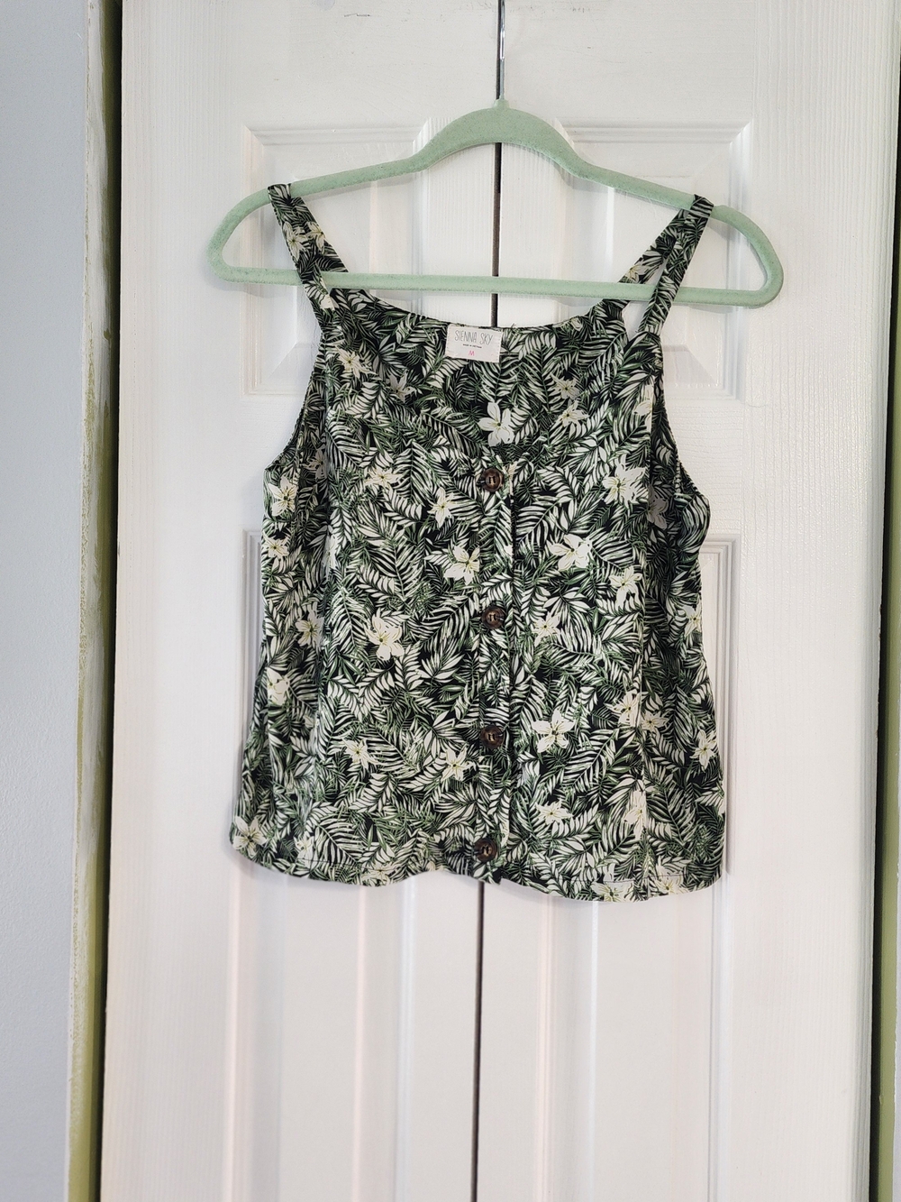 Sienna Sky Green and White Tropical Leaf Button-Front Cami Boho Chic